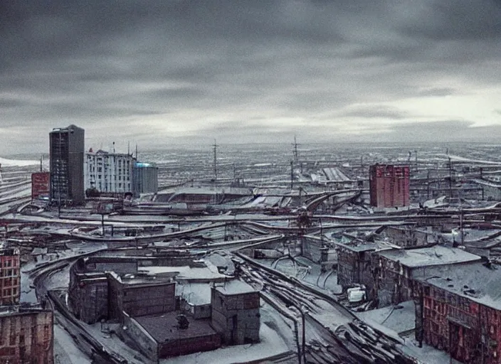 Image similar to cinematic shot of norilsk orbit city cityscape, telephoto, iconic scene from the paranoid thriller sci fi film directed by stanley kubrick, anamorphic cinematography, beautiful composition, color theory, leading lines, photorealistic, moody volumetric lighting