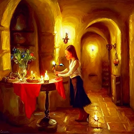 Image similar to wine cellar full of food, torches on the wall, schnapps, romantic, inviting, cozy, blonde woman, painting Vladimir Volegov