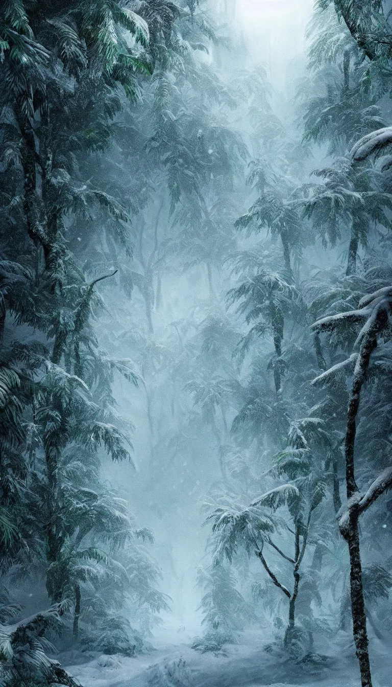 Prompt: highly detailed photo of snowfall in jungle, award winning photo, hyper realistic, art by greg rutsowski, concept art, 8 k detail post - processing