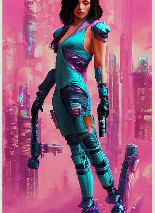 Image similar to beautiful cyberpunk female athlete in pink jumpsuit. lady with blades in arms. ad for cybernetic blade arms. cyberpunk poster by james gurney, azamat khairov, and alphonso mucha. artstationhq. gorgeous face. painting with vivid color, cell shading. ( rb 6 s, cyberpunk 2 0 7 7 )