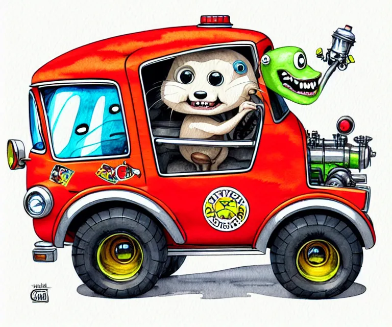 Prompt: cute and funny, beaver driving a tiny hot rod fire truck with an oversized engine, ratfink style by ed roth, centered award winning watercolor pen illustration, isometric illustration by chihiro iwasaki, edited by craola, tiny details by artgerm and watercolor girl, symmetrically isometrically centered