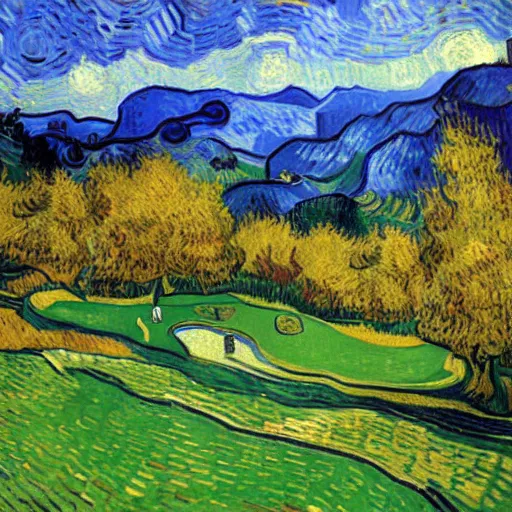 Prompt: Mountainside Golf Course in Autumn, Portrait by Vincent van Gogh