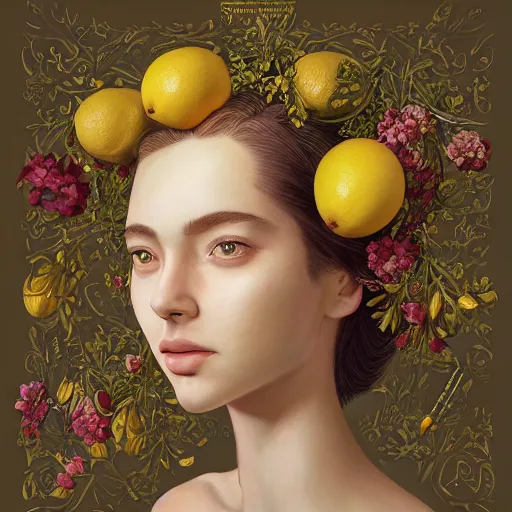 Image similar to the portrait of an absurdly beautiful, graceful, elegant, sophisticated, young teen girl made up of lemons looking up, an ultrafine hyperdetailed illustration by kim jung gi, irakli nadar, intricate linework, bright colors, octopath traveler, final fantasy, unreal engine 5 highly rendered, global illumination, radiant light, detailed and intricate environment