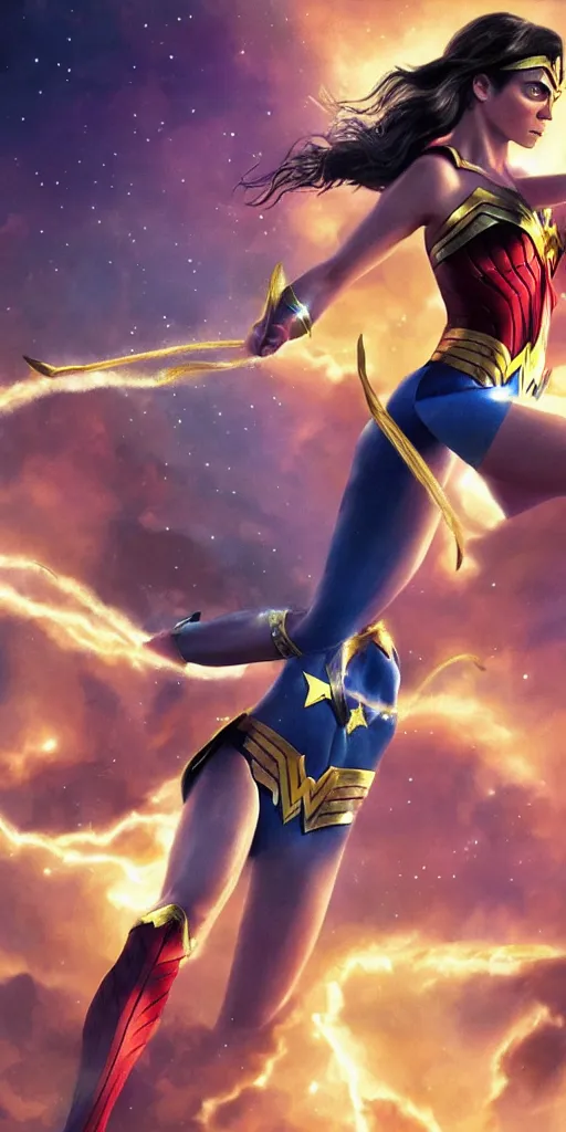 Image similar to photorealistic art of Michael Cera as Wonderwoman, dynamic lighting, space atmosphere, hyperrealism, stunning visuals