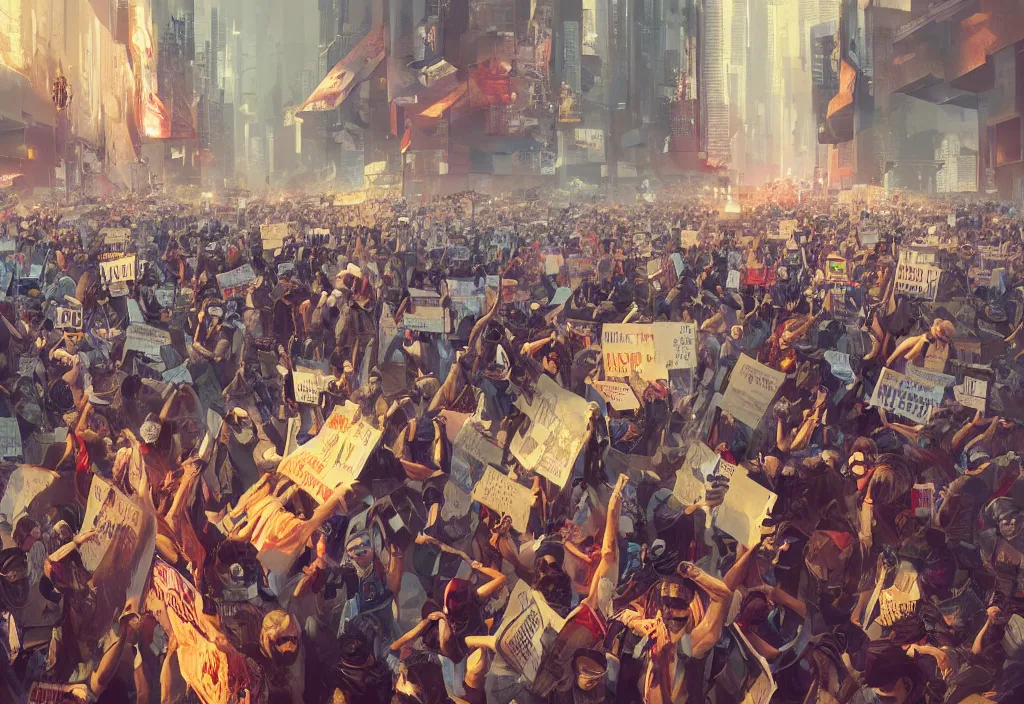 Image similar to angry protesters holding placard, detailed digital illustration by greg rutkowski, medium shot, cyberpunk