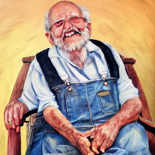 Image similar to a painting of grandpa yocheved avigayil batya tzfira wearing overalls on a rocking chair, telling stories, cute and wonderful vivid painting