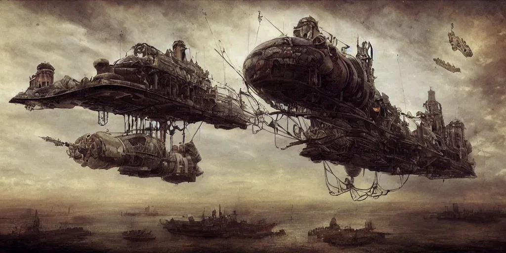 Image similar to a giant floating steampunk airship, by Mikhail Vrubel, trending on artstation