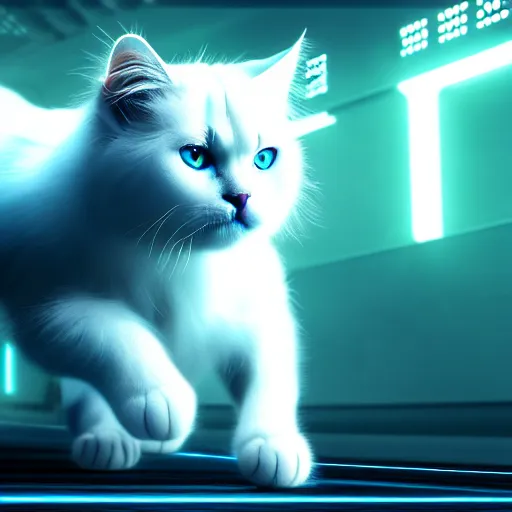 Image similar to tron legacy white fluffy cat, hyper realistic, concept art, intricate, hyper detailed, smooth, dynamic volumetric lighting, cinematic, high quality, high resolution, 4 k, cgsociety, rutkowski, gurney, alphonse mucha