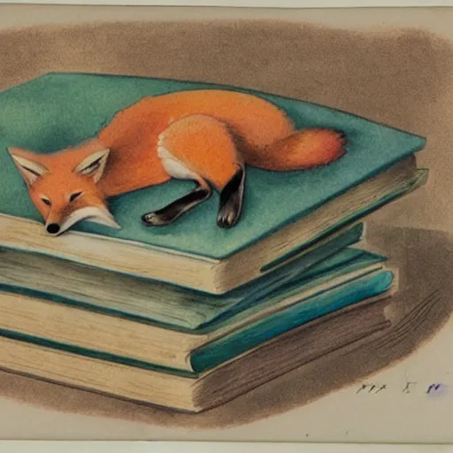 Image similar to a fox sleeping on a pile of books, watercolors from 1 9 2 0