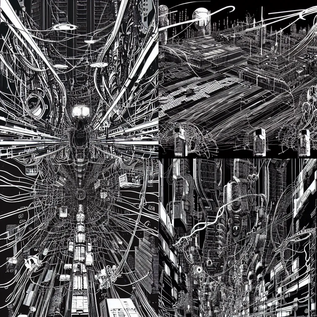 Prompt: detailed huge cybernetic mega city with wires in space, cyborg monsters with tentacles and wires, by nihei tsutomu
