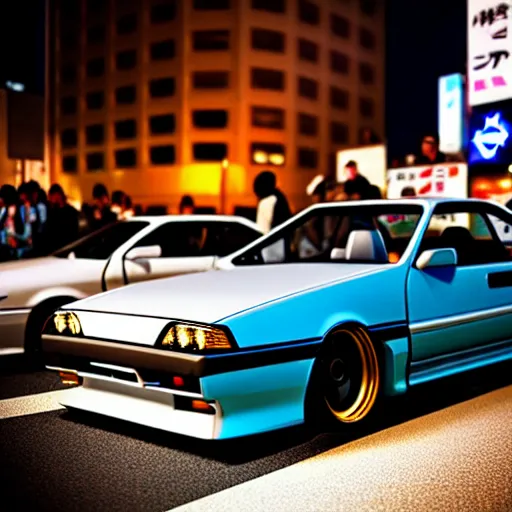 Image similar to a car Nissan Silvia at illegal car meet, Shibuya prefecture, city sunset, cinematic color, photorealistic, highly detailed, 200MM