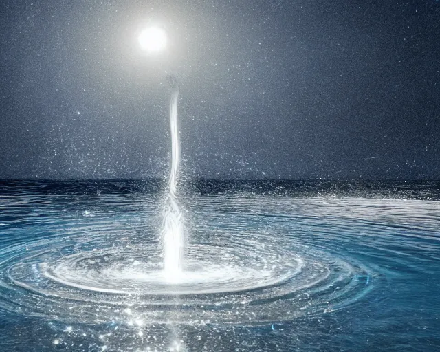 Prompt: a giant abstract sculpture of the birth of the universe on the ocean water, in the style of dan graham, award winning, cinematic, hyper - realistic, very detailed, realistic water splashes, ray tracing, 8 k resolution, long - shot, sharp focus, low angle, 8 5 mm photograph, wide lens