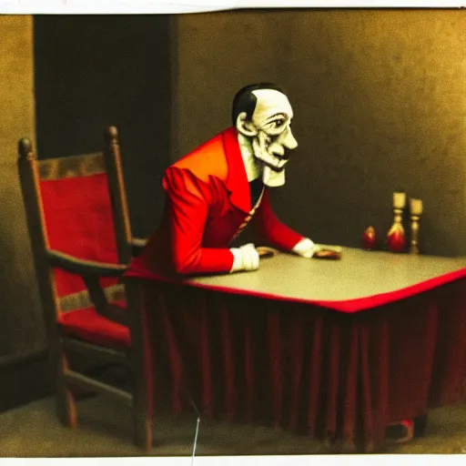 Image similar to a plotting man in a red jester suit sitting in a wooden chair near a table covered with cloth. the room is dimly lit.