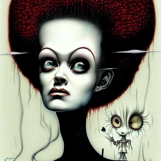 Prompt: bride of frankenstein in the style of nicoletta ceccoli, mark ryden, lostfish, earl norem, surrealism, dark art by james jean, takato yamamoto