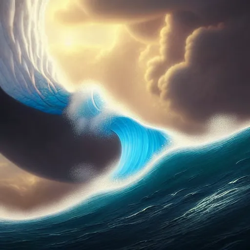 Prompt: beautiful digital fantasy illustration of a a giant wave in the sky, a detailed matte painting by Dan Luvisi, highly detailed, soft lighting, rendered in octane, masterpiece, very very very aesthetic