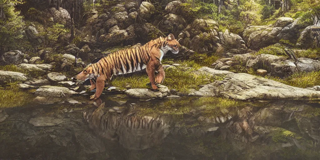 Prompt: Intricate detailed illustration, Tasmanian Tiger reflected in an alpine stream, cinematic lighting, by Philip Hood, wide angle, volumetric light scattering, 8k, artstation, concept art,