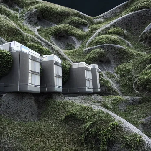 Image similar to futuristic houses in crazy locations, ultra realistic, intricate details, eerie, highly detailed, photorealistic, octane render, 8 k, vegetation, hills, water