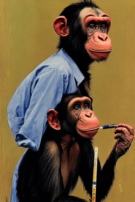Image similar to a chimp in a clown suit smoking a cigarette, painted by Norman Rockwell