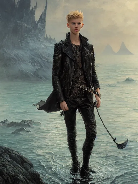 Image similar to a beautiful and detailed matte painting of a young blonde male teenage boy wearing a leather jacket walking on water, fantasy, d & d, dark eyeliner, intricate, elegant, highly detailed, digital painting, artstation, concept art, matte, sharp focus, illustration, art by greg rutkowski and alphonse mucha