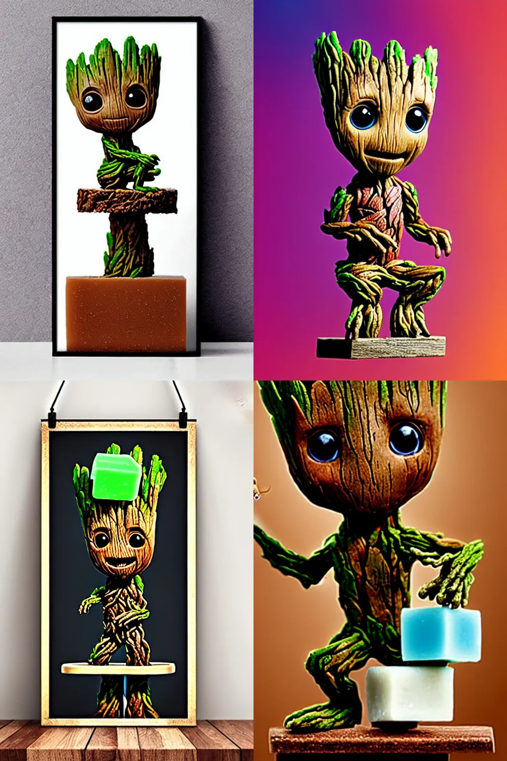 Prompt: llittle cute Groot riding on a bar of soap, poster, by disney plus