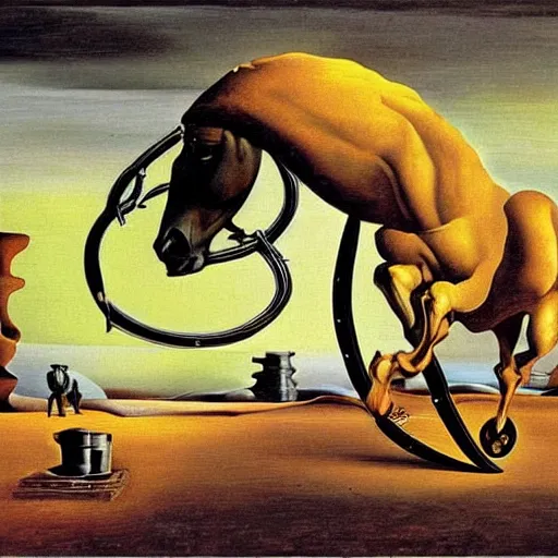 Image similar to A horse with wheels splits the fabric of time. Painting by Salvador Dali.