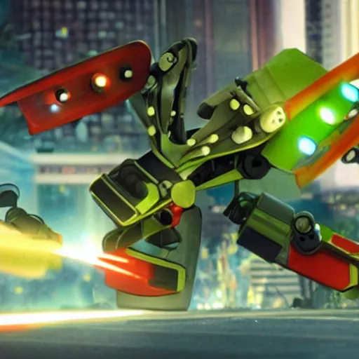 Prompt: An HD screenshot of the parrot robot from the Transformer anime, a collaboration between Michael Bay and Hayao Miyazaki.