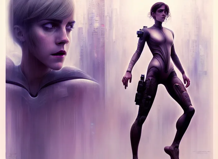 Prompt: body shot of emma watson in ghost in the shell, intricate, elegant, highly detailed, centered, digital painting, artstation, concept art, smooth, sharp focus, illustration, artgerm, tomasz alen kopera, peter mohrbacher, donato giancola, joseph christian leyendecker, wlop, boris vallejo