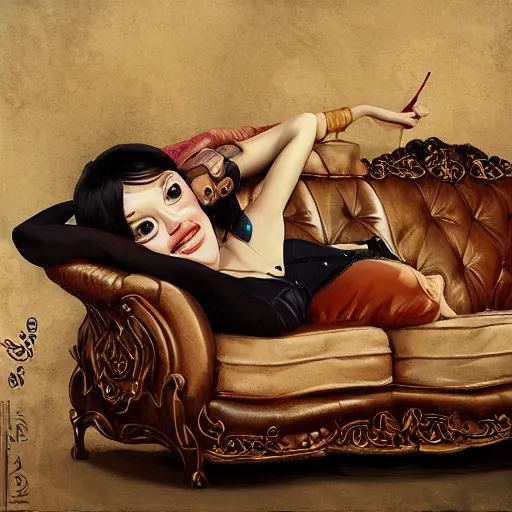 Prompt: lofi portrait on antique sofa, pixar style by Jonathan Yeo and Tom Bagshaw and Joe Fenton