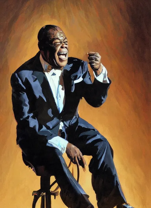 Image similar to a portrait of louis armstrong telling a joke, by greg manchess, dramatic lighting, highly detailed digital painting