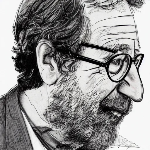 Prompt: a realistic yet scraggly portrait sketch of the side profile of a stern and sophisticated stephen spielberg, trending on artstation, intricate details, in the style of frank auerbach, in the style of sergio aragones, in the style of martin ansin, in the style of david aja, in the style of mattias adolfsson