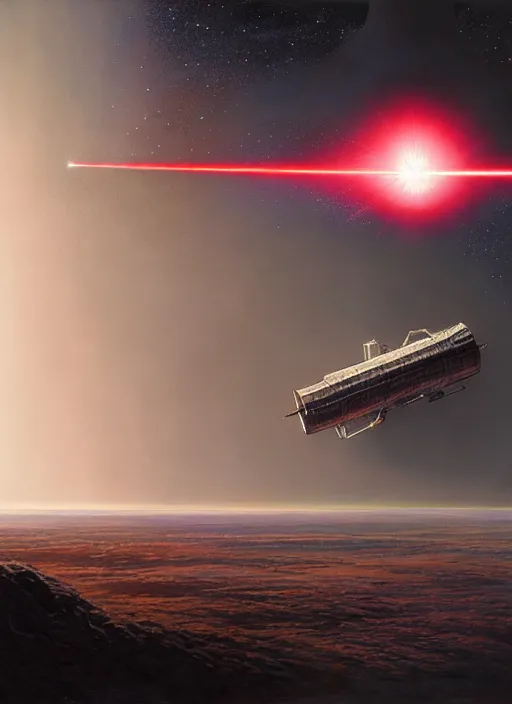 Image similar to hyper realistic sci - fi matte concept art painting of a space satellite shooting a laser down to earth below, beautiful details, strong composition painted by kim jung guweta studio rutkowski, james gurney and greg rutkowski, and lucasfilm, smooth, intricate, detailed, sharp focus, cinematic