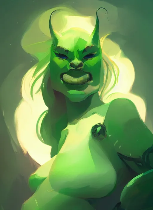 Image similar to green orc female, light green tone beautiful face by anton fadeev, krenz cushart