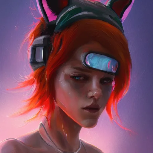 Prompt: midjourney :: a painting of a woman with a fox on her head, cyberpunk art by Sam Spratt, featured on Artstation, furry art, darksynth, artstation hd, 2d game art