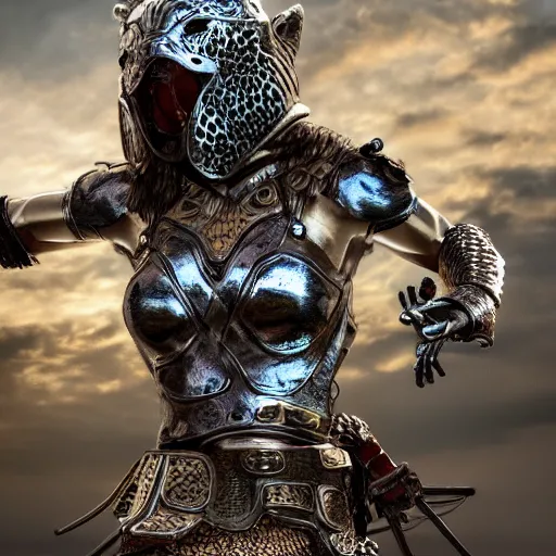 Prompt: female warrior with metal jaguar armour, highly detailed, 4k, HDR, smooth, sharp focus, hyper realistic, high resolution