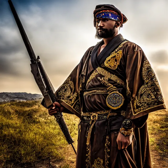 Image similar to photo of a ranger warrior with ornate robes, 8 k, hdr, smooth, sharp focus, high resolution, award - winning photo