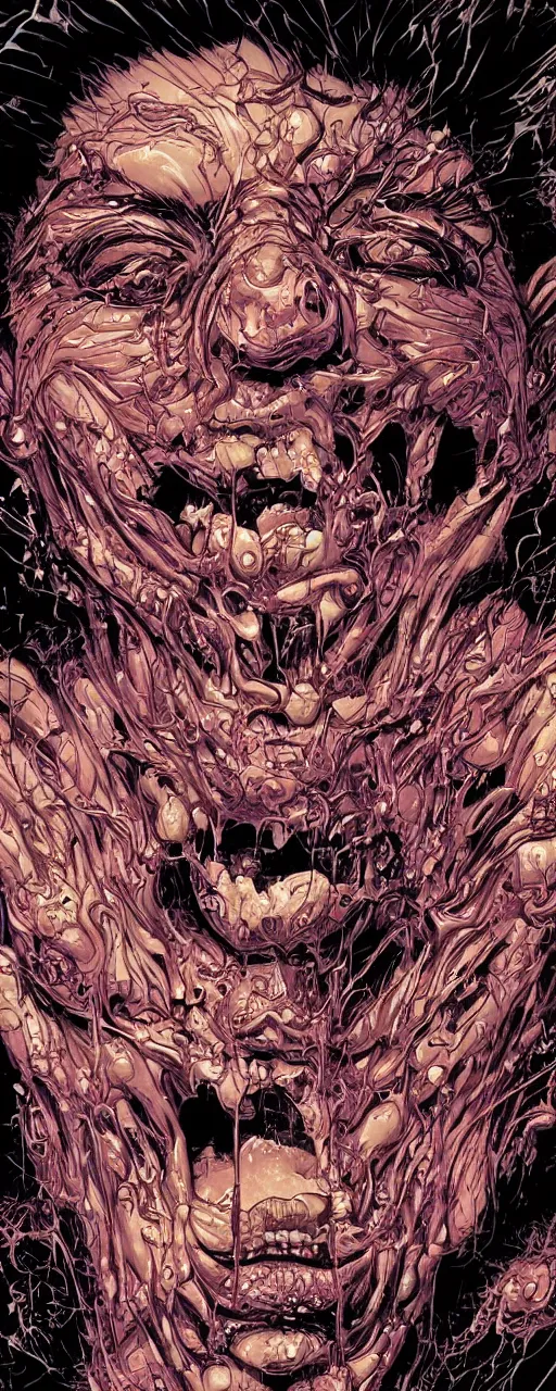 Prompt: closeup of face melting in agony, inside dark oil, frontal picture, by masamune shirow, josan gonzales and dan mumford