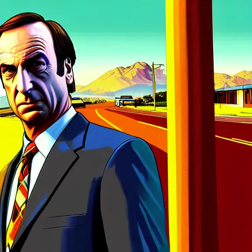 Prompt: Saul goodman in GTA V covert art by Stephen Bliss