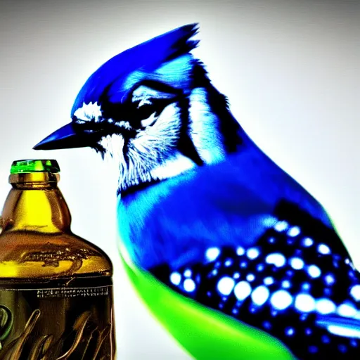 Prompt: bluejay next to a bottle of mountain dew