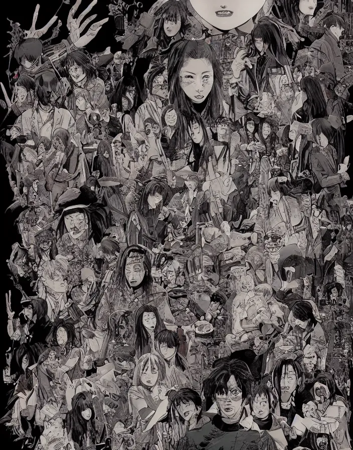 Image similar to an intricate comic book panel of a japanese horror poster, blood lines, yokai, smoke by yusuke murata and makoto shinkai, 8 k, unreal engine, volumentric lighting, grungy, ominous