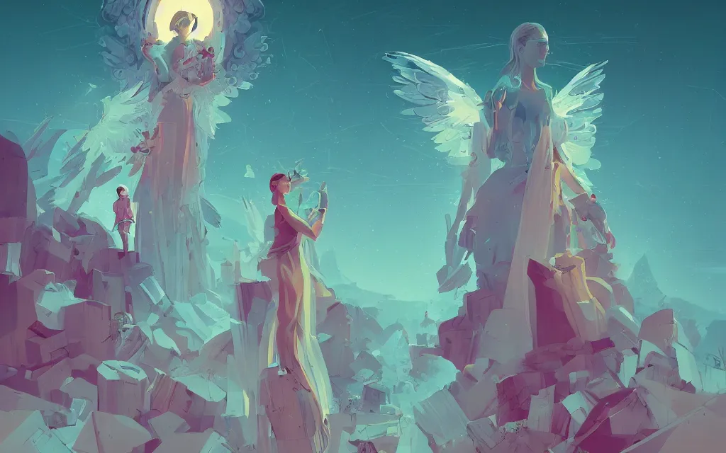 Prompt: vision of angels with a broken halo, trying to fix it by patrick brown and anton fadeev, style of marimekko