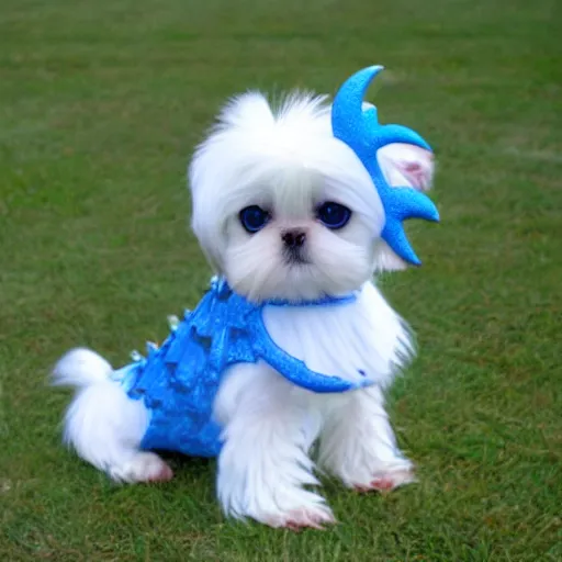 Prompt: Blue Eyes White Dragon as a Shih Tzu, Dragon Scales, Wings, Lightning, Blue Armor