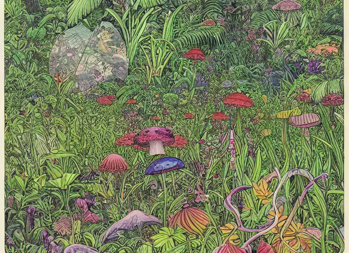 Prompt: surreal line art of a lot of jungle flowers and plants + poison toxic mushrooms + long grass + butterflies + mystic fog, no - shadow, 7 0's vintage sci - fi style, by moebius, kim jung gi, hyperrealism, rule of third!!!!, superfine detailed, top view