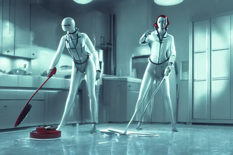 Image similar to gynoid polishing the floor with a toothbrush, high resolution film still, 4 k, hdr color