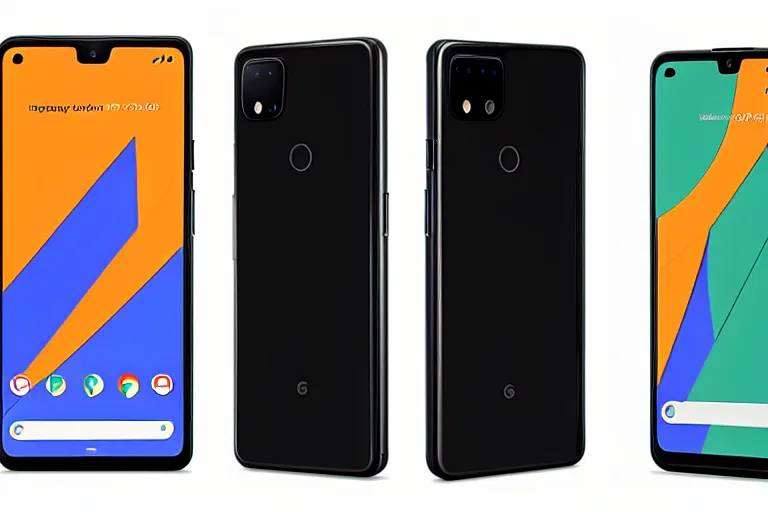 Image similar to a front and back render of the pixel 4XL but it has a full front screen with no bezels and 5 cameras on the back