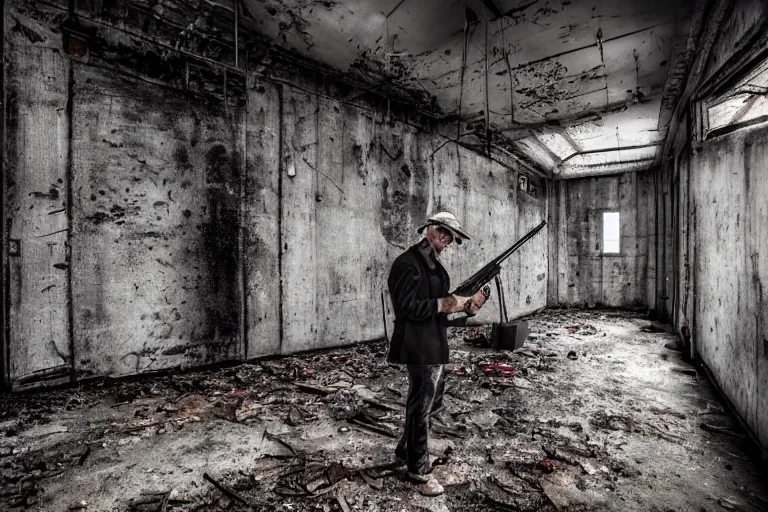 Prompt: man with shotgun in an abandoned industrial complex, intricate details, cinematic, wide angle