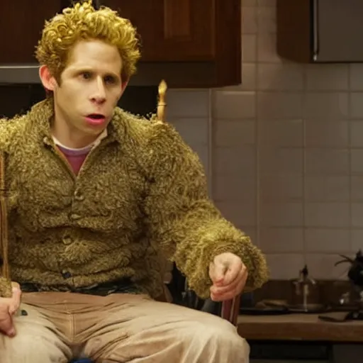 Image similar to a golden god, dennis reynolds, sitting in a throne in a kitchen in the style of van gogh