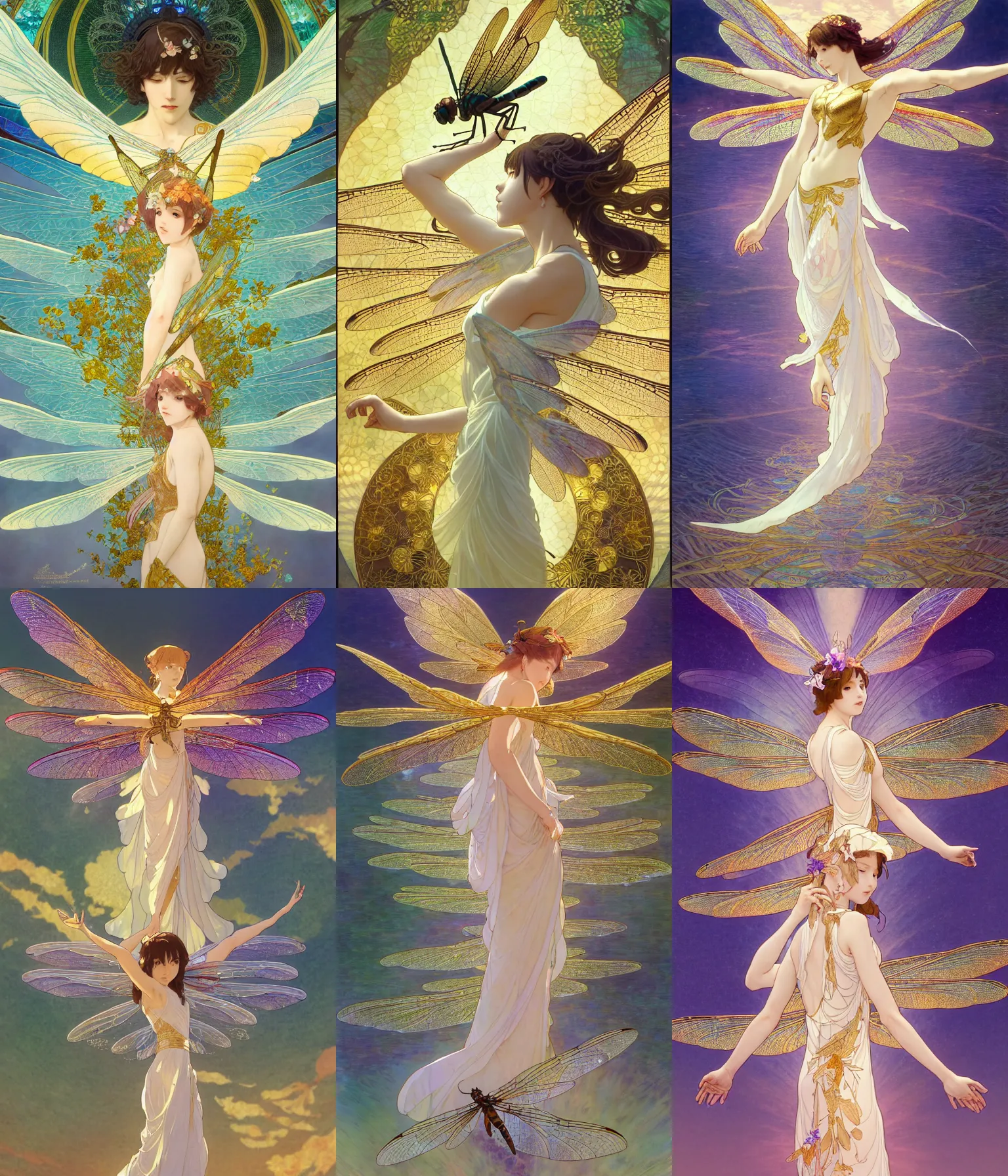 Prompt: dragonfly wings, goddess angel of tranquility. hyper detailed, character concept, full body, dynamic pose, intricate, lineart, cerpuscular rays, lily flowers, gold foil texture. by yoshitaka amano, alfons mucha and makoto shinkai. 8 k