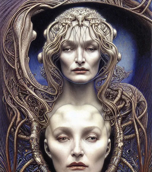 Image similar to detailed realistic beautiful young alien robot jessica lange as queen of mars face portrait by jean delville, gustave dore and marco mazzoni, art nouveau, symbolist, visionary, gothic, pre - raphaelite. horizontal symmetry by zdzisław beksinski, iris van herpen, raymond swanland and alphonse mucha. highly detailed, hyper - real, beautiful