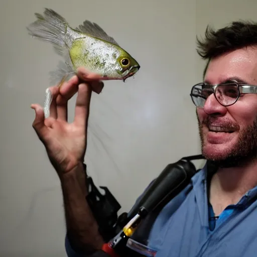 Prompt: a scientist shows off his captive live specimen that is the funniest thing in the world. the room the scientist is in is full of news reporters laughing hysterically while holding cameras and microphones.