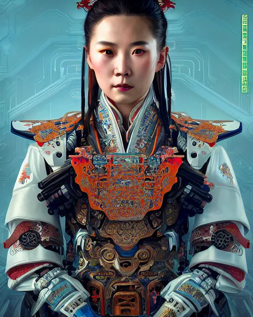 Image similar to portrait of a chinese cyberpunk machine horizon zero dawn, machine face, robed upper half portrait decorated with chinese opera motifs regal royal fierce machine robot cyberpunk fine china wuxia traditional chinese art intricate intense elegant highly detailed digital painting artstation illustration, art by artgerm and greg rutkowski alphonse mucha 8 k